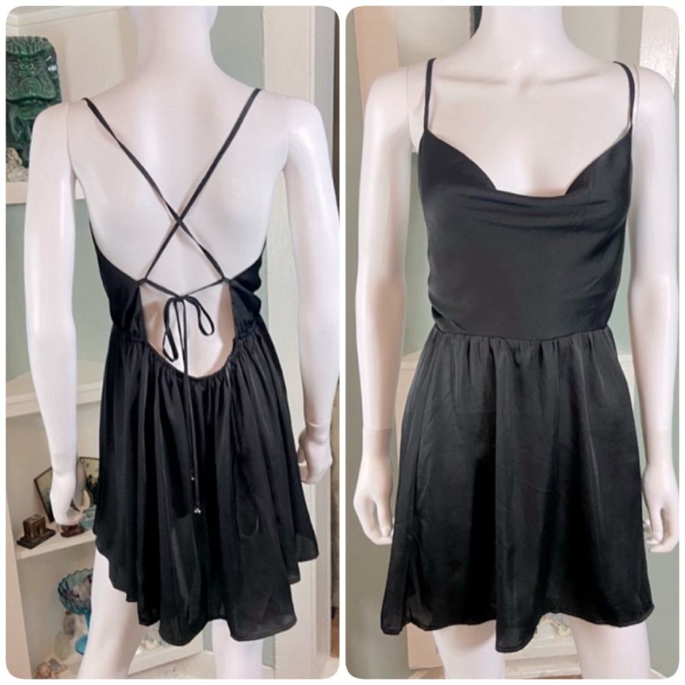 Intimately Free People Strappy Backless Lace Up Satin Black Mini Slip Dress S - Picture 2 of 14
